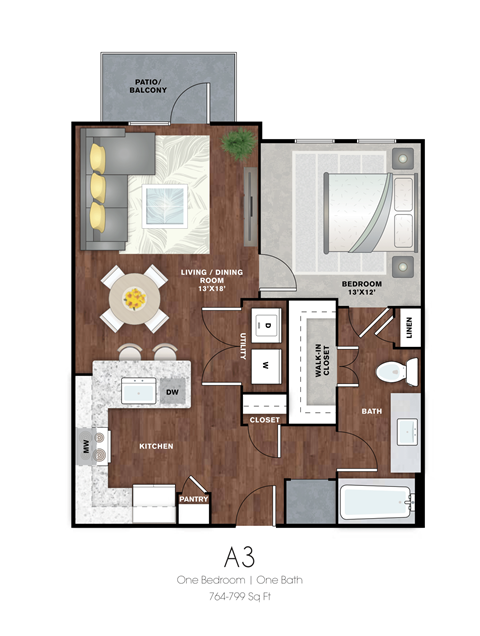 Floor plan for 1 bed, 1 bath, 785 sqft